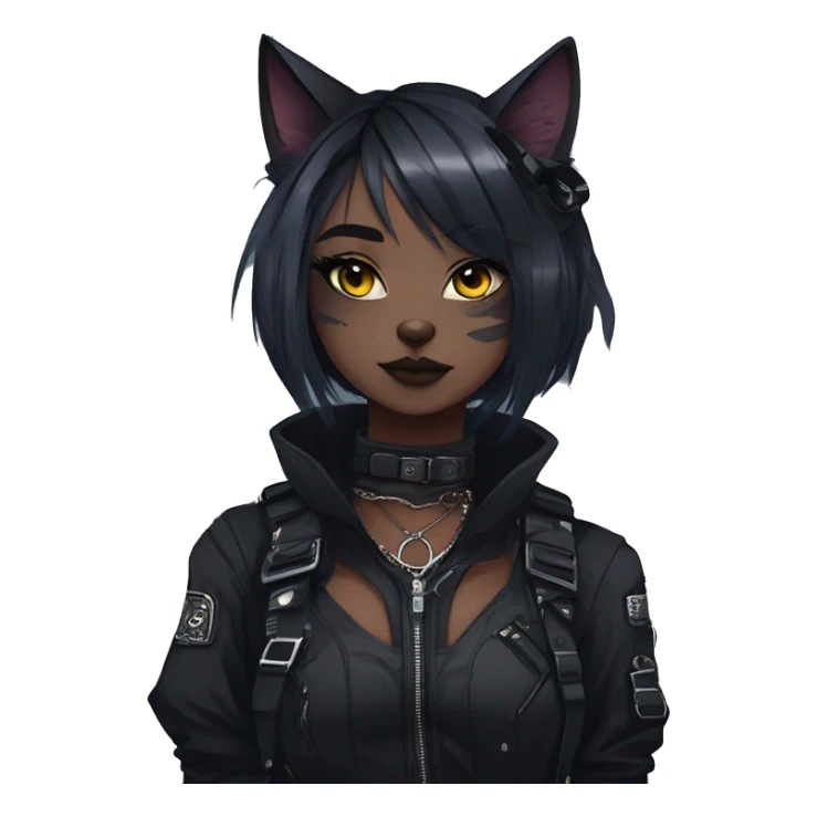Gorgeous gothic dark techwear cyberpunk anime style sona anthro cat, aesthetic, and pretty edgy black with collar and harness, trending style sticker
