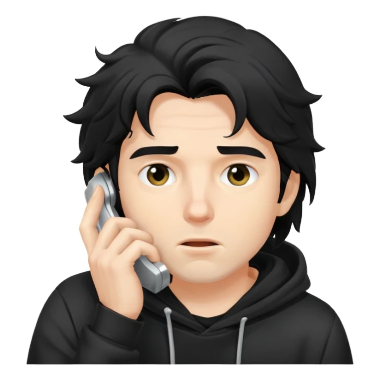 a white man with black messy, hoodie taking a call sticker