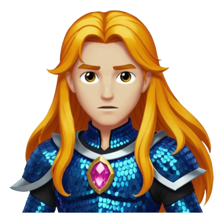 Ares from Lore Olympus with long amber hair, amber sequin outfit sticker