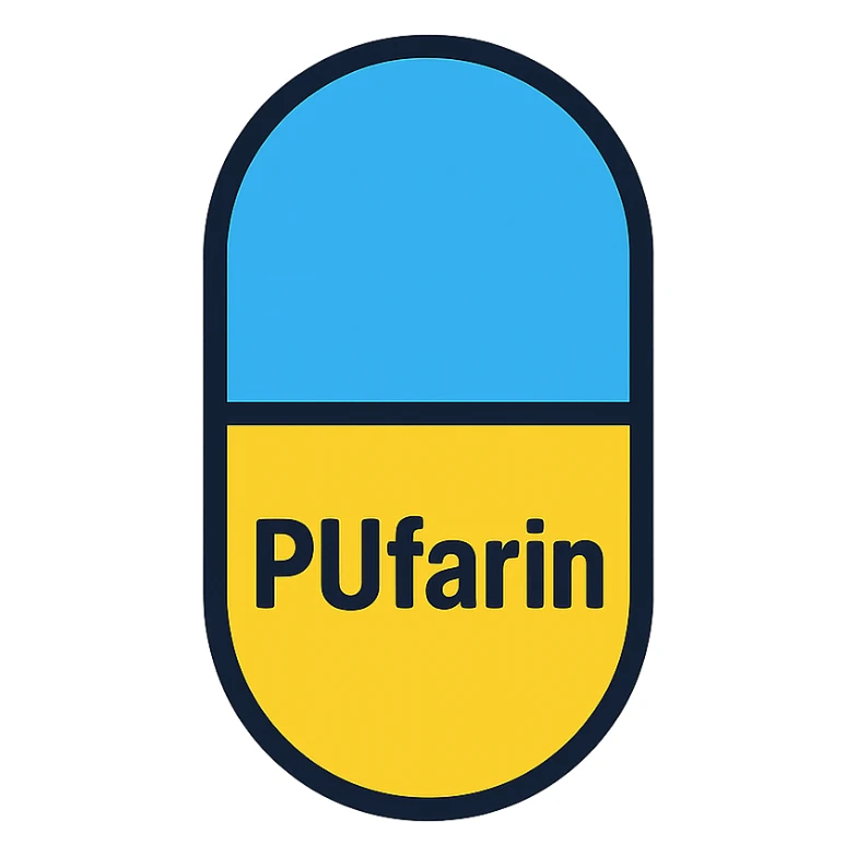 PUfarin stylized as a pharmaceutical pill or medication, clean and modern icon style sticker