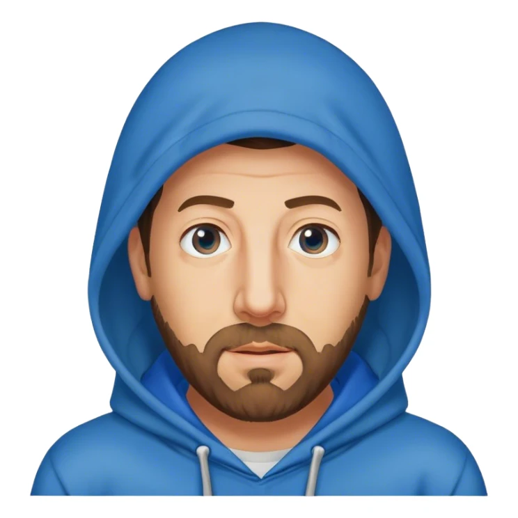Adam Sandler with a beard in a blue hoodie, hood on sticker