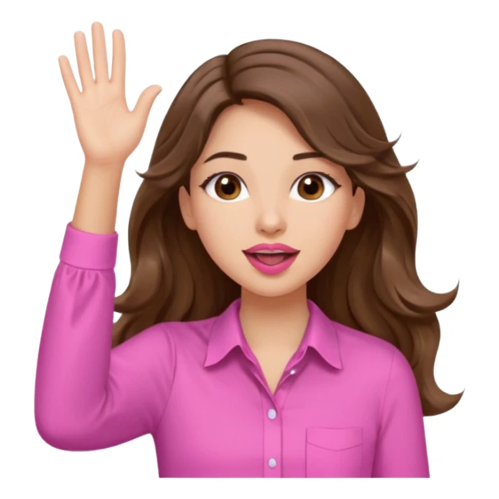 girl with long wavy brown hair, brown eyes, light to medium complexion, in a pink shirt, pink lips, long lashes, puckered lips, both hands all the way up in the air, cheering sticker