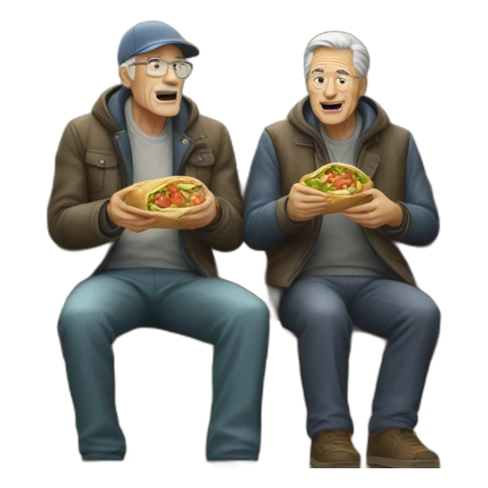 two old men eating shawarma on a bench on a park sticker