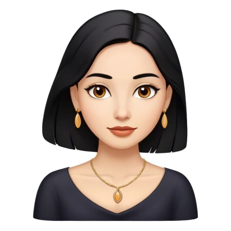 Oval face, medium warm skin, almond-shaped dark brown eyes, arched eyebrows, full lips, long sleek black hair (center-parted), small earrings, delicate necklace, and a confident slight smile. sticker
