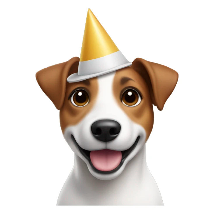 3D dog Jack Russell with white and brown coloring. Like Memoji on iphone. And with a Happy birthday hat sticker