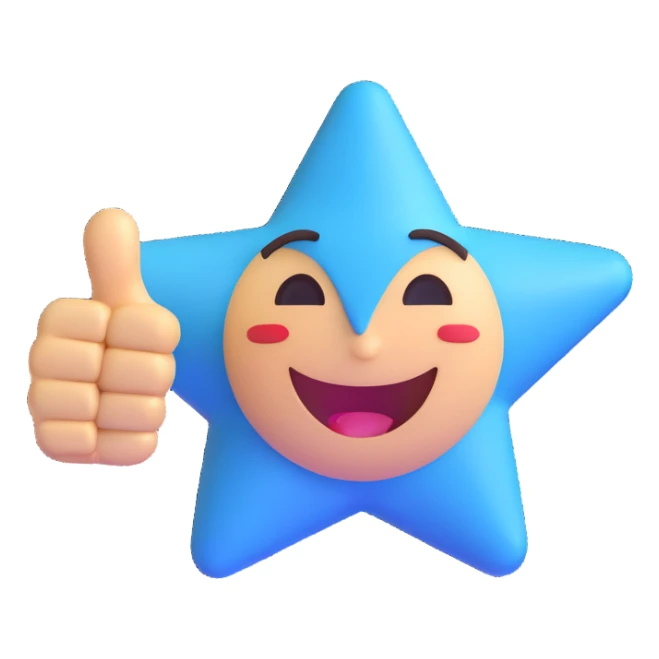 Change the star to blue while keeping the smiling face, winking eyes, right hand welcoming gesture, and left hand thumbs up. Maintain the 3D emoji style with no background (transparent). sticker