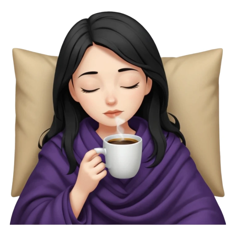 pale raven haired girl inside a blanket sipping coffee eyes closed sticker