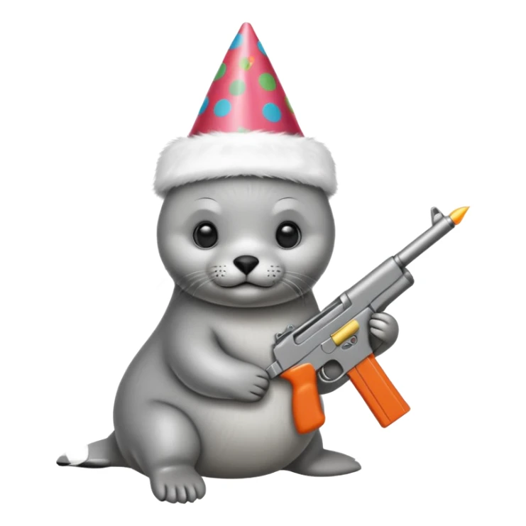 Baby seal wearing birthday hat holding a gun sticker