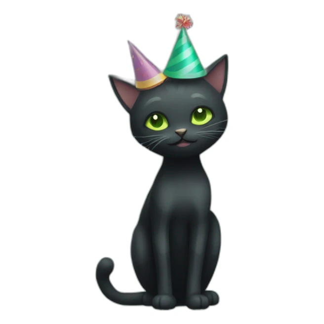 black cat with dark grey stripes and light green eyes wearing a party hat sticker