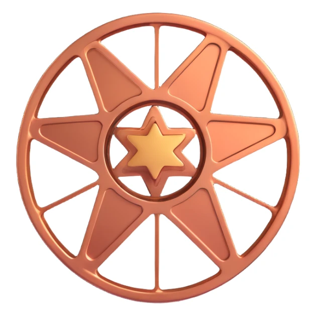 film reel floating in space with a warm copper-colored star behind it, 3D style, metallic copper highlights, cosmic atmosphere sticker