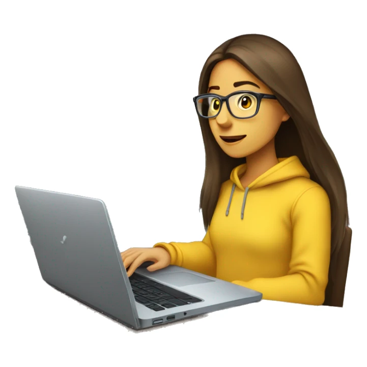 female coder with apple laptop in front of her, very long straight brown hair, brown eyes, facing the right side looking at the laptop, yellow sweatshirt,  glasses sticker
