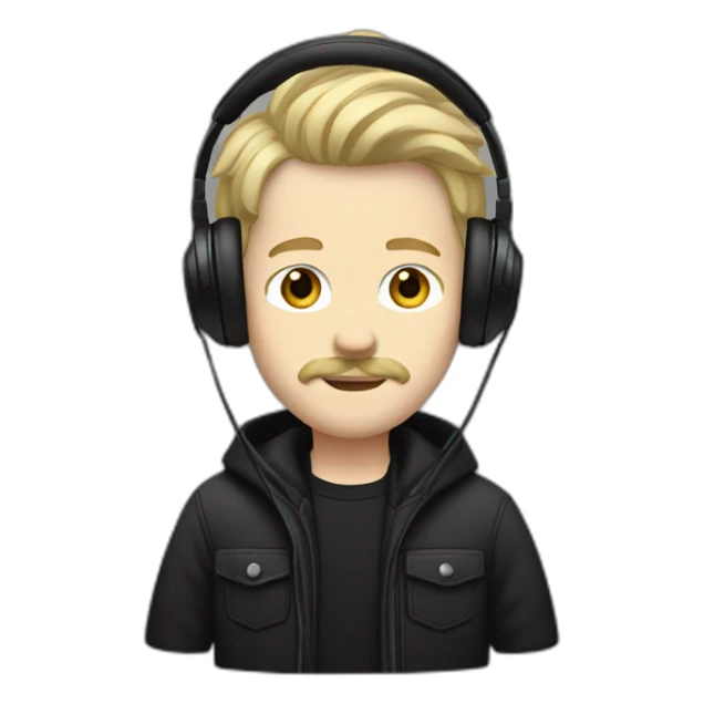 YOUNG WHITE MAN BLONDE HAIR AND MUSTACHE USING A BLACK JACKET AND A HEADPHONE WITH A NEUTRAL FACE sticker