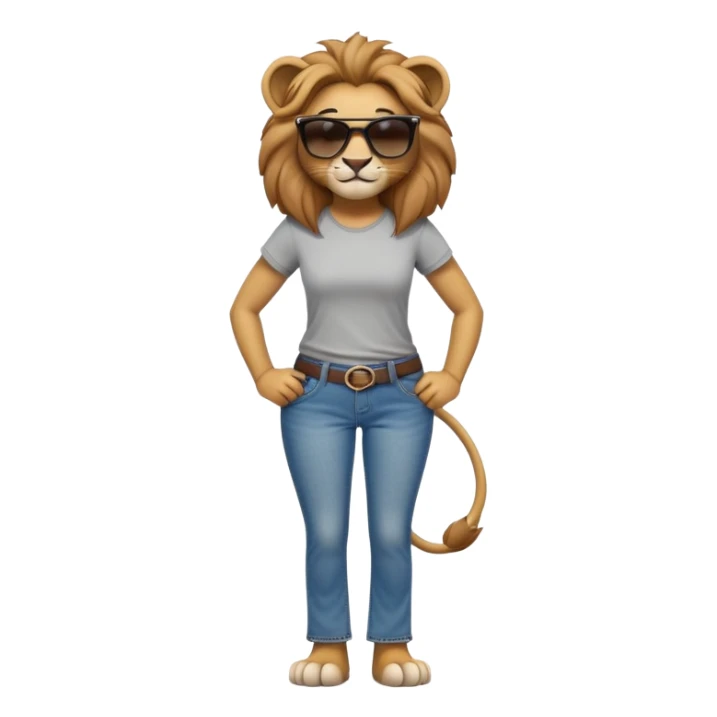 friendly anthropomorphised female lion character, full body, standing confidently with legs apart and hands on hips, wearing jeans, a t-shirt, and dark sunglasses, with a confident smile sticker