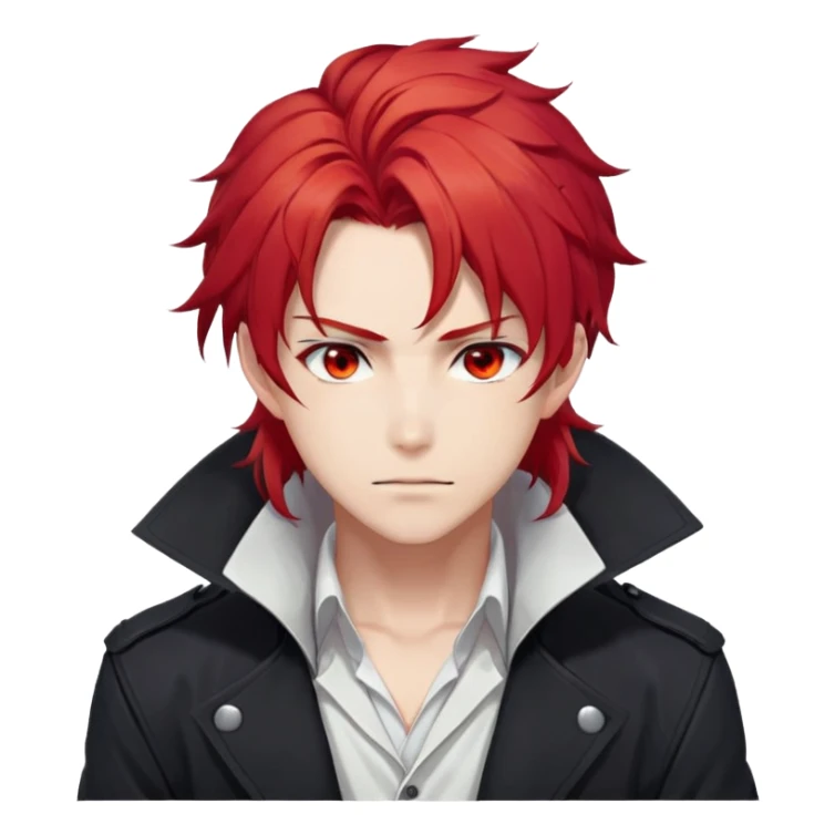 Handsome gorgeous anime man with bright-red hair, thick long messy wavy ponytail, red eyes, white shirt, black jacket, stone face, Diluc from Genshin Impact sticker