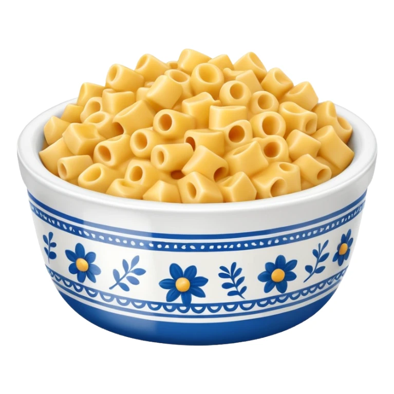 Blue and white floral bowl with Mac and cheese sticker
