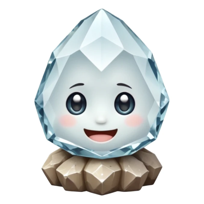 A single cute crystal rock character inspired by a clear quartz cluster, chunky round base with many tall transparent crystal spikes growing upward all around it, faceted and slightly imperfect, on the front of the base a big kawaii face with large glossy eyes and a wide happy smile sticker