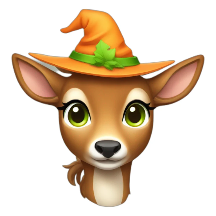 female deer in orange witch hat with green eyes and brown hair sticker
