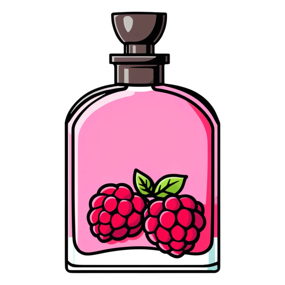 AVON women's perfume bottle next to a red raspberry bottle sticker