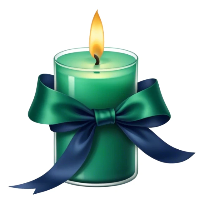 A charmingly arranged composition of a glass candle in a rich emerald shade, placed next to a carefully folded navy blue ribbon. sticker