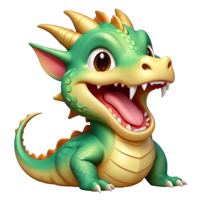 Cinematic Cute Yawning Dragon Portrait Emoji, Head tilted slightly with a dramatic, wide-open yawn, showcasing a soft, lustrous scaled body with gently drooping fins and half-closed, drowsy eyes, Simplified yet irresistibly adorable features, highly detailed, glowing with a soft, cozy mythical glow, high shine, relaxed yet expressive, stylized with a dash of fantastical charm, soft glowing outline, capturing the essence of a sleepy yet affectionate dragon that seems ready to stretch out and rest in its enchanted lair! sticker