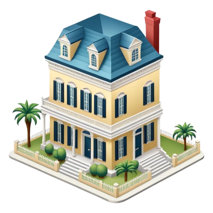 New Orleans mansion, isometric dollhouse-style, realistic sticker