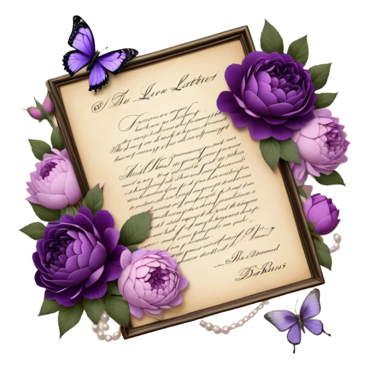 An antique love letter bundle, bound delicately with a purple silk ribbon, rests beside an arrangement of dried blush violet roses, lilac peonies, and soft purple dahlias, while a silver butterfly brooch adorned with pearls seems to pause, captivated by the deep violet inked calligraphy flowing across the aged parchment. sticker