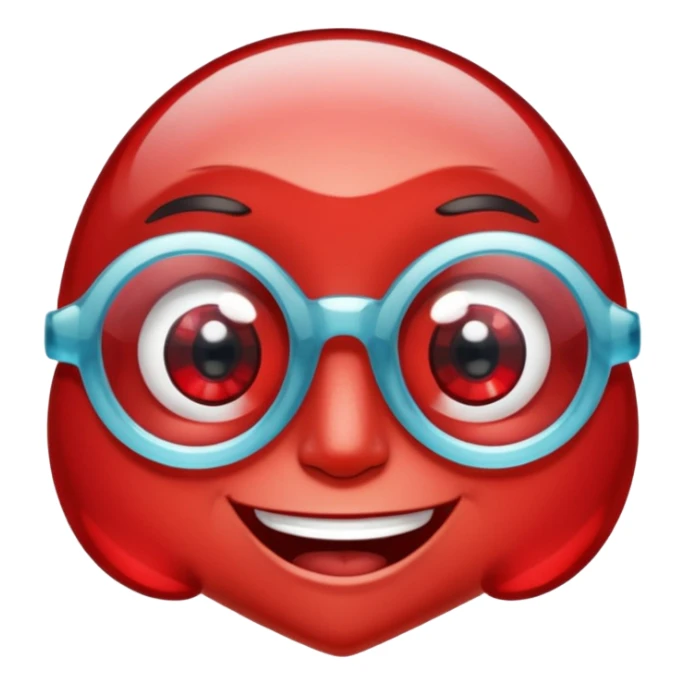 A single crystal gemstone character wearing glasses, chunky and irregular with faceted very sharp sides, [red], big glossy eyes behind the glasses and a wide happy smile, , high detail, soft lighting, centered on a plain dark background sticker