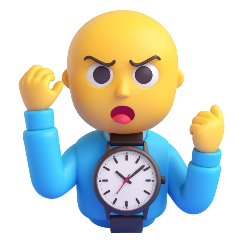 A yellow emoji face with a worried expression, looking at a wristwatch with raised eyebrows, showing urgency and stress sticker