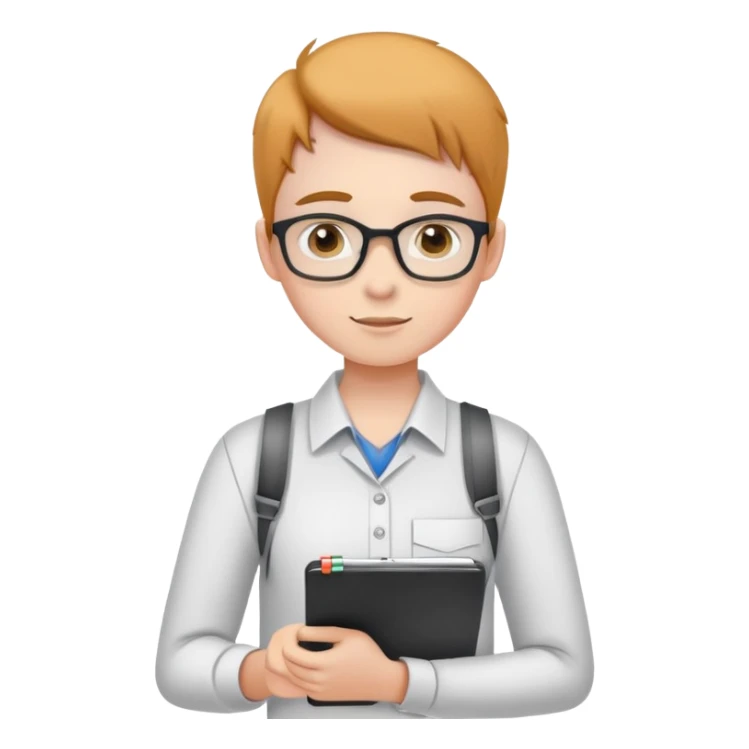 intern or volunteer holding a clipboard and pencil, ready to take notes or assist. The character wears a simple shirt and has an eager posture sticker