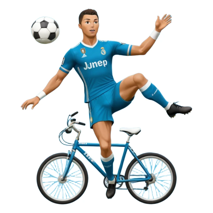 Ronaldo doing a bicycle kick with football in mid air While wearing a Retro blue Real madrid kit and yes i want it to be exactly the same as he Scored it in 2018 vs Juventus  sticker