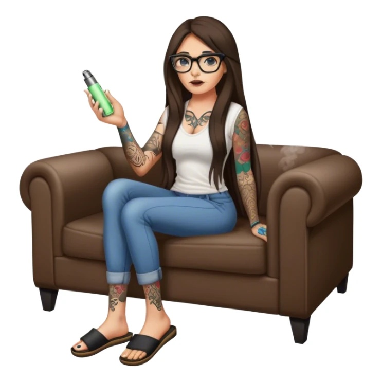 Brunette with long hair, slippers, glasses, tattooed arm, vaping sticker
