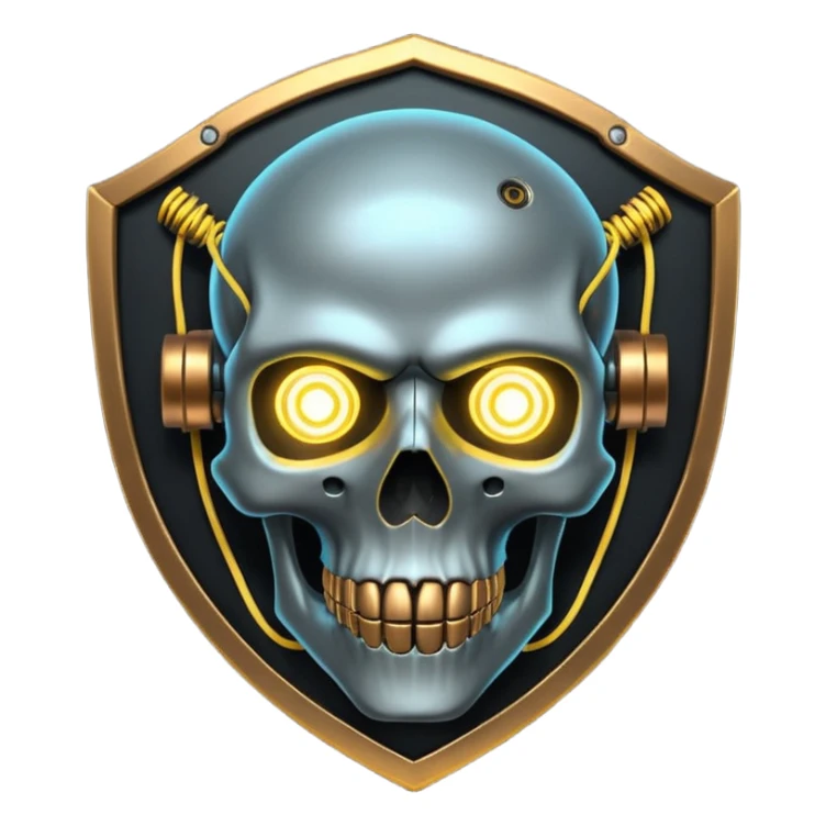 Cyberpunk shield, skull with cybernetic implants, glowing wires, dark electric silver and gold tones, no background sticker