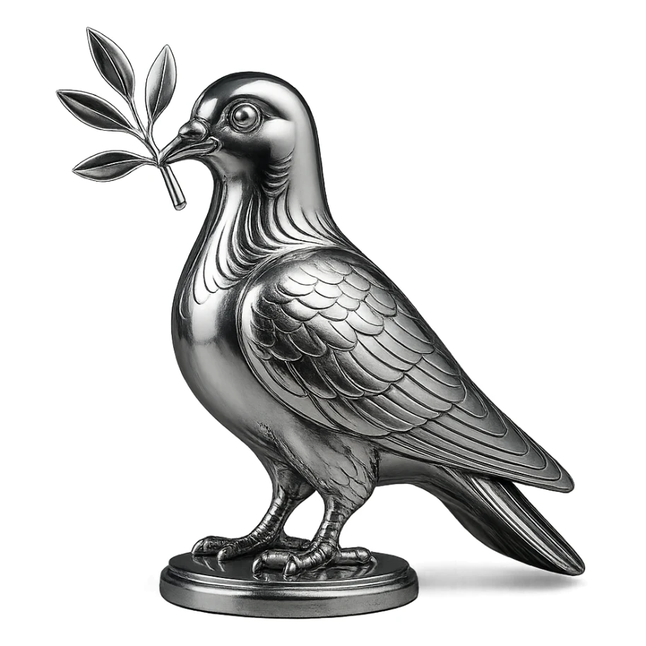 chrome style pigeon holding a branch in its beak, highly reflective and metallic sticker
