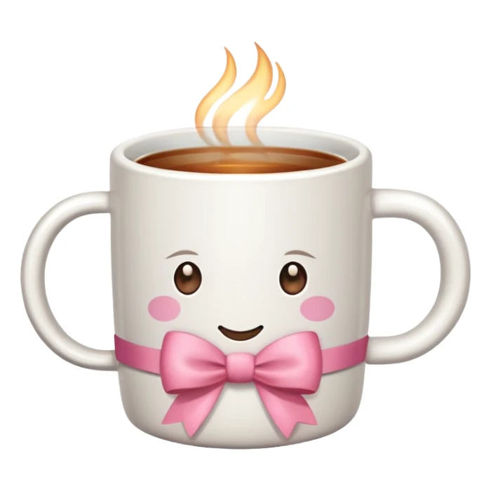 A white mug with a pink bow that contains tea sticker