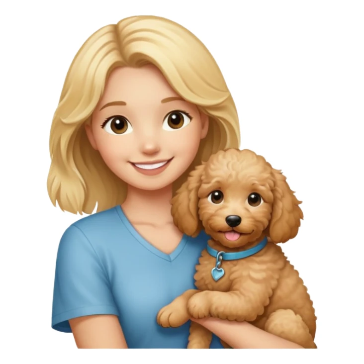 blonde girl smiling and  holding tan goldendoodle puppy  sticker