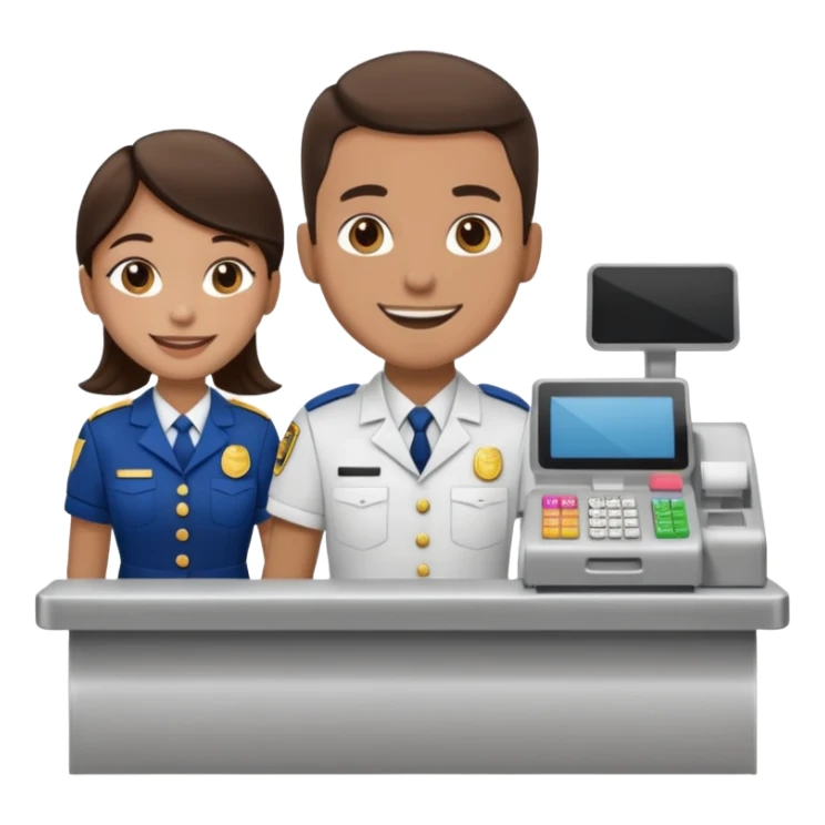 Supermarket employee at a cash register, full body, serving a man sticker