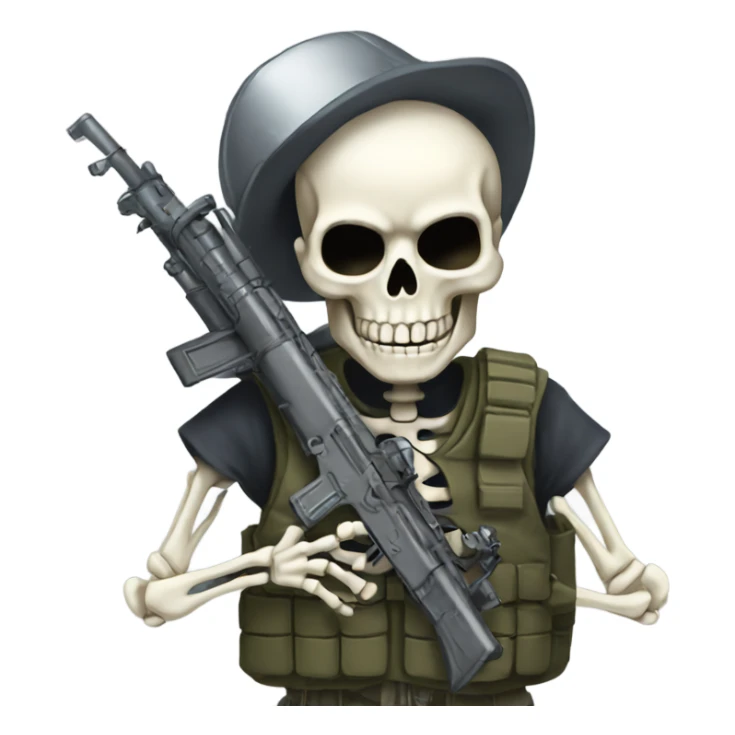 Skeleton with military vest pretending to hold fake rpg sticker