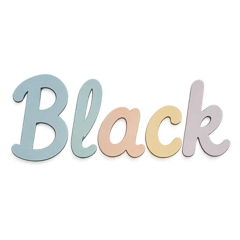 the word 'Black' in soft pastel rainbow playful script font, kawaii style, no outline, 3D paper-craft effect sticker