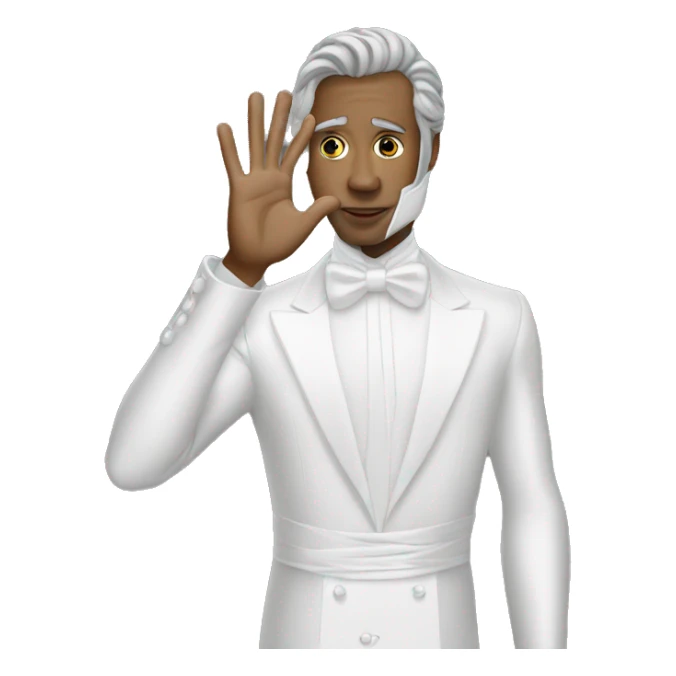 kind baldwin with a silver mask putting his hand up and his face down, earing white gown sticker