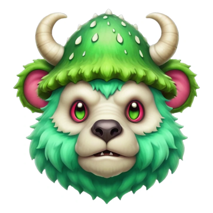 poisonous mushroom bear monster portrait, head and shoulders only, bear-like face, mushroom cap horns, toxic green aura, fluffy neck fur, fantasy beast style, 3D cartoon, mobile game icon style, clean background, no text, no watermark

 sticker