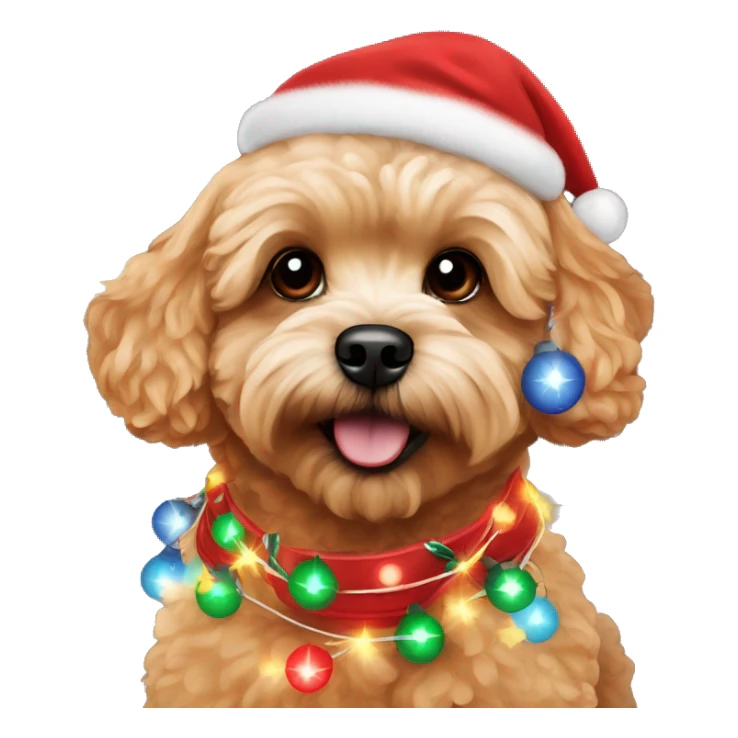 Red maltipoo with Christmas lights decorated around its neck sticker