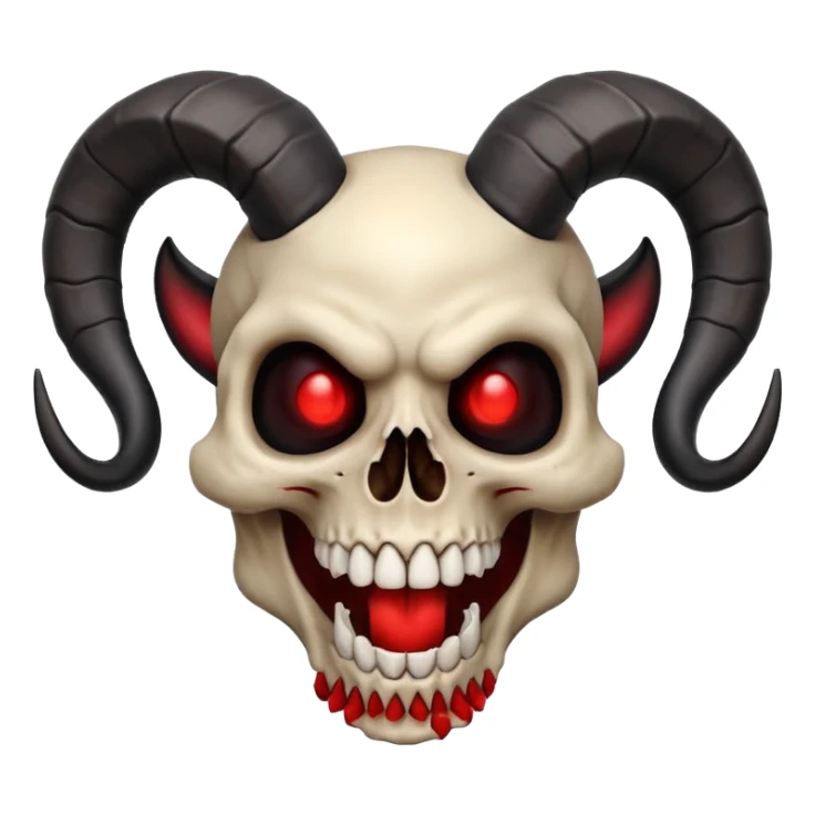 grinning skull with large black ram horns, glowing red eyes, wide toothy smile, bold, iconic, expressive sticker