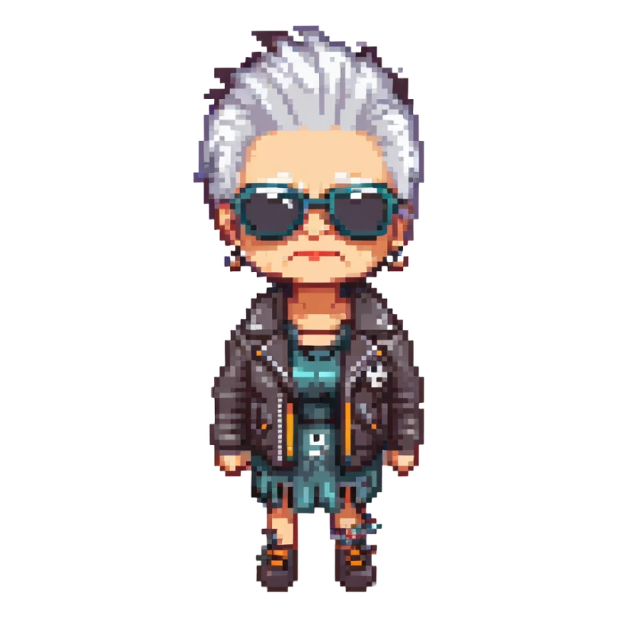 A punk grandma with a leather jacket, spiked hair, and sunglasses sticker