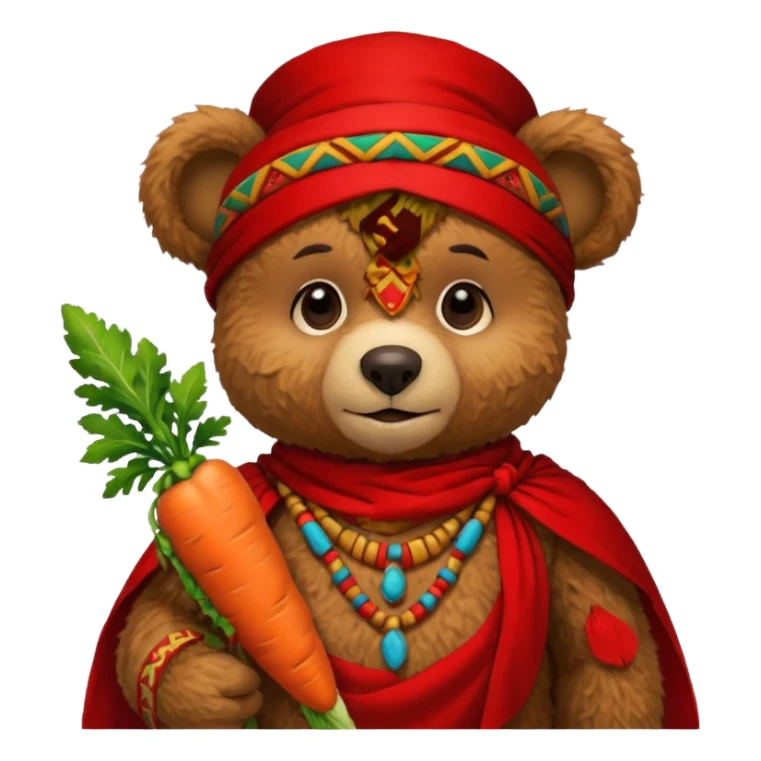 teddy bear Upper eat carrot , wearing red mayan ancient custome, half body sticker
