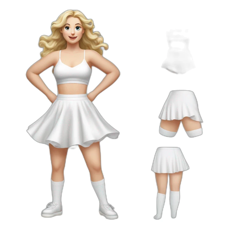 Hyperrealistic Full body Caucasian curvy beauty jumping short white skirt back and front views strong wind knickers long white socks sticker