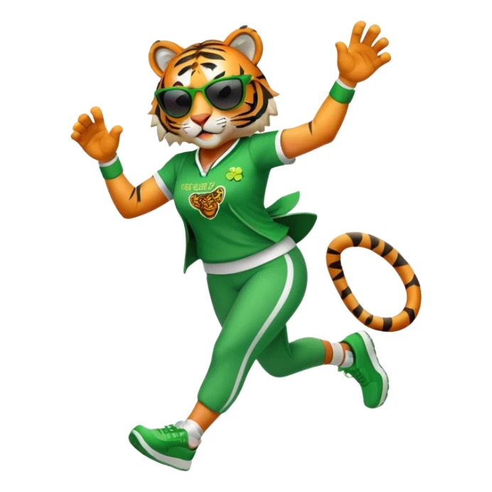 female energetic anthropomorphised tiger in full body, wearing St. Patrick's Day themed sportswear and dark sunglasses, dynamic pose sticker