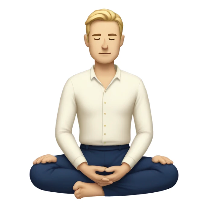 european man meditating sitting down with cream shirt and navy blue pants.  sticker