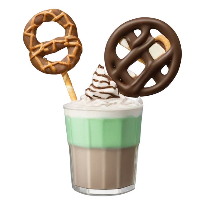 andes mint chocolate chip milkshake topped with a toasted marshmallow, chocolate covered pretzel, chocolate s’more, and a s’mores cookie sticker
