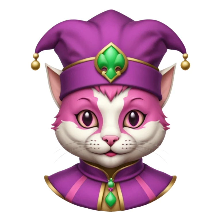 court jester cat medieval, single poker card joker clearly visible, pink, face only, round badge,  court jester cap sticker
