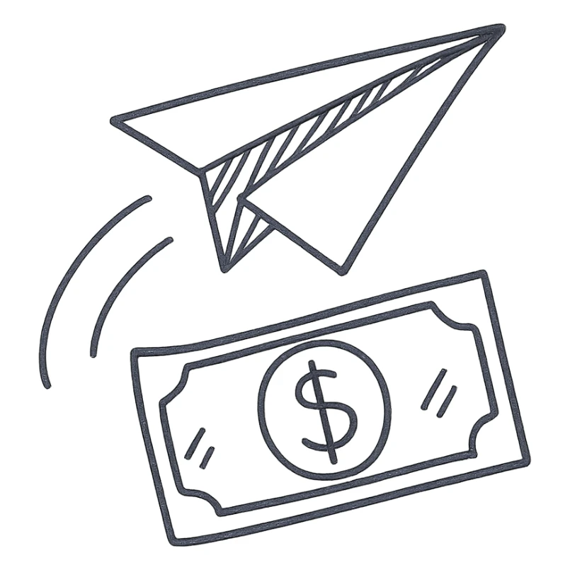 hand-drawn outlined icon of a paper plane and cash, playful style sticker
